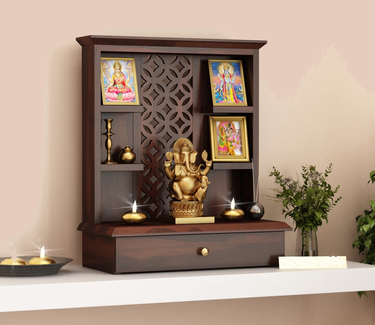 DUDI FURNITURE Sheesham Wood Pooja Mandir with Cabinet (50x38x71cm) - Walnut