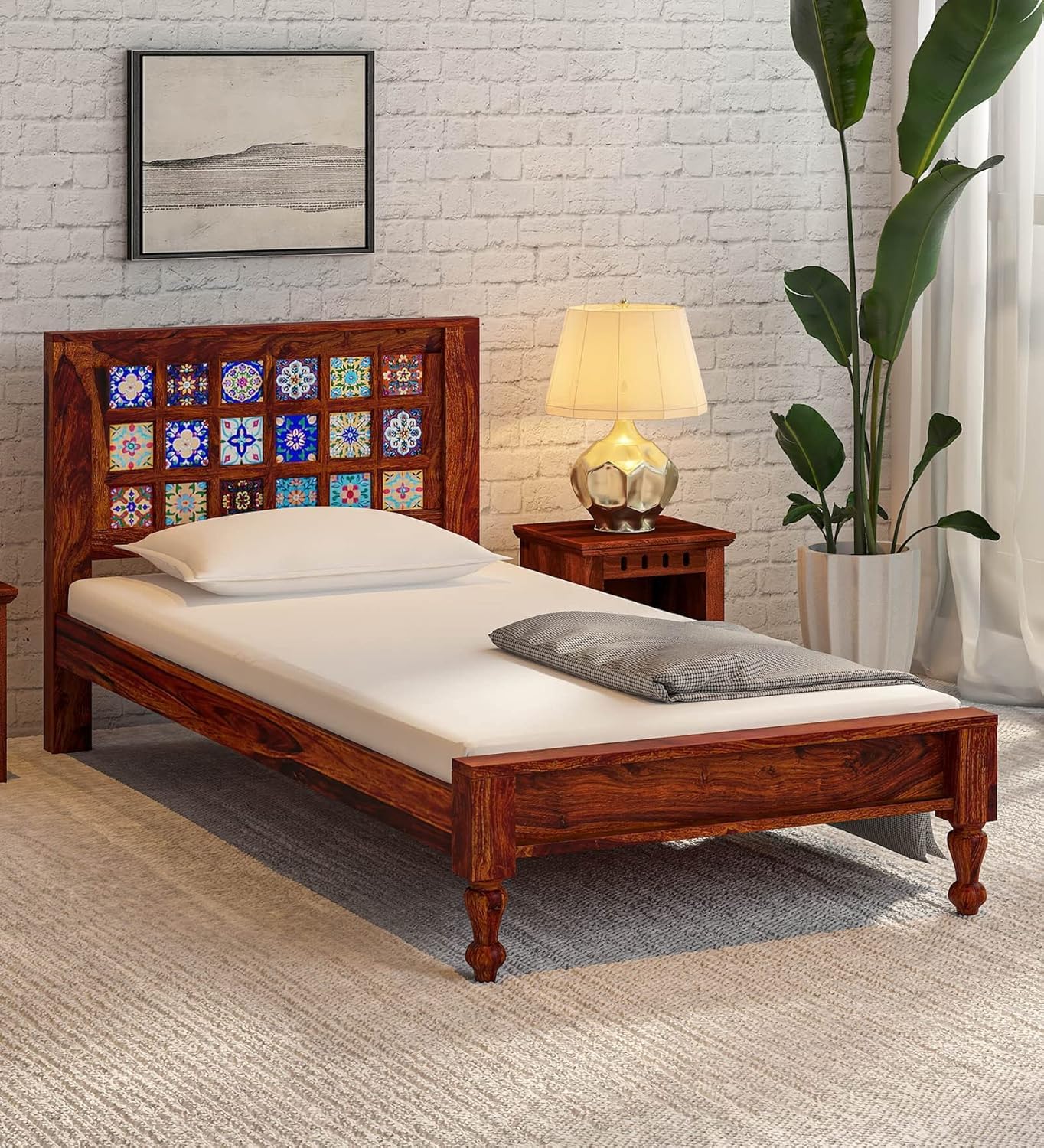 DUDI FURNITURE Sheesham Wood Single Bed Without Storage - Honey Finish - Honey