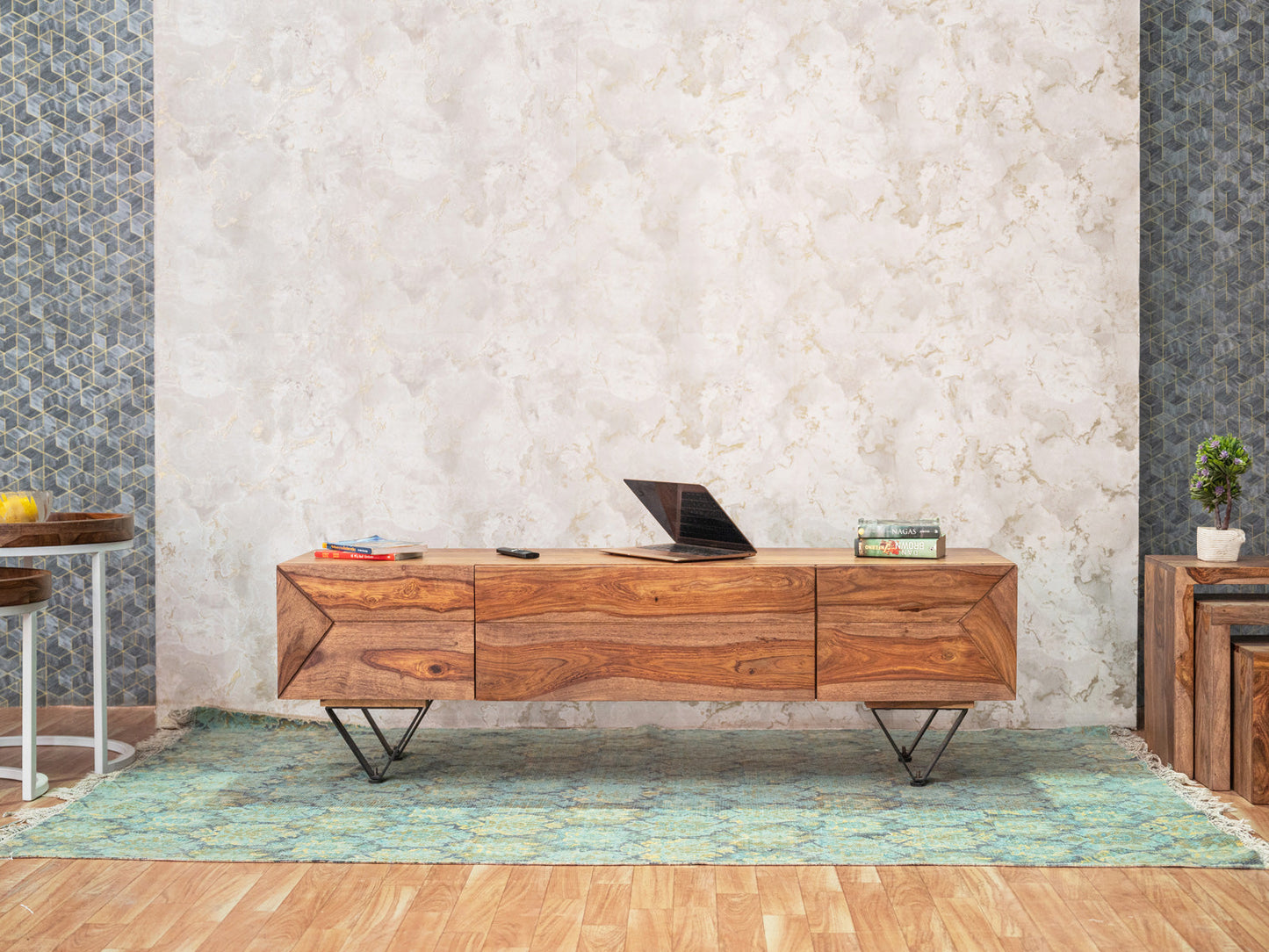 Dudi Furniture Hawkin Solid Wood Modern TV Unit with Storage