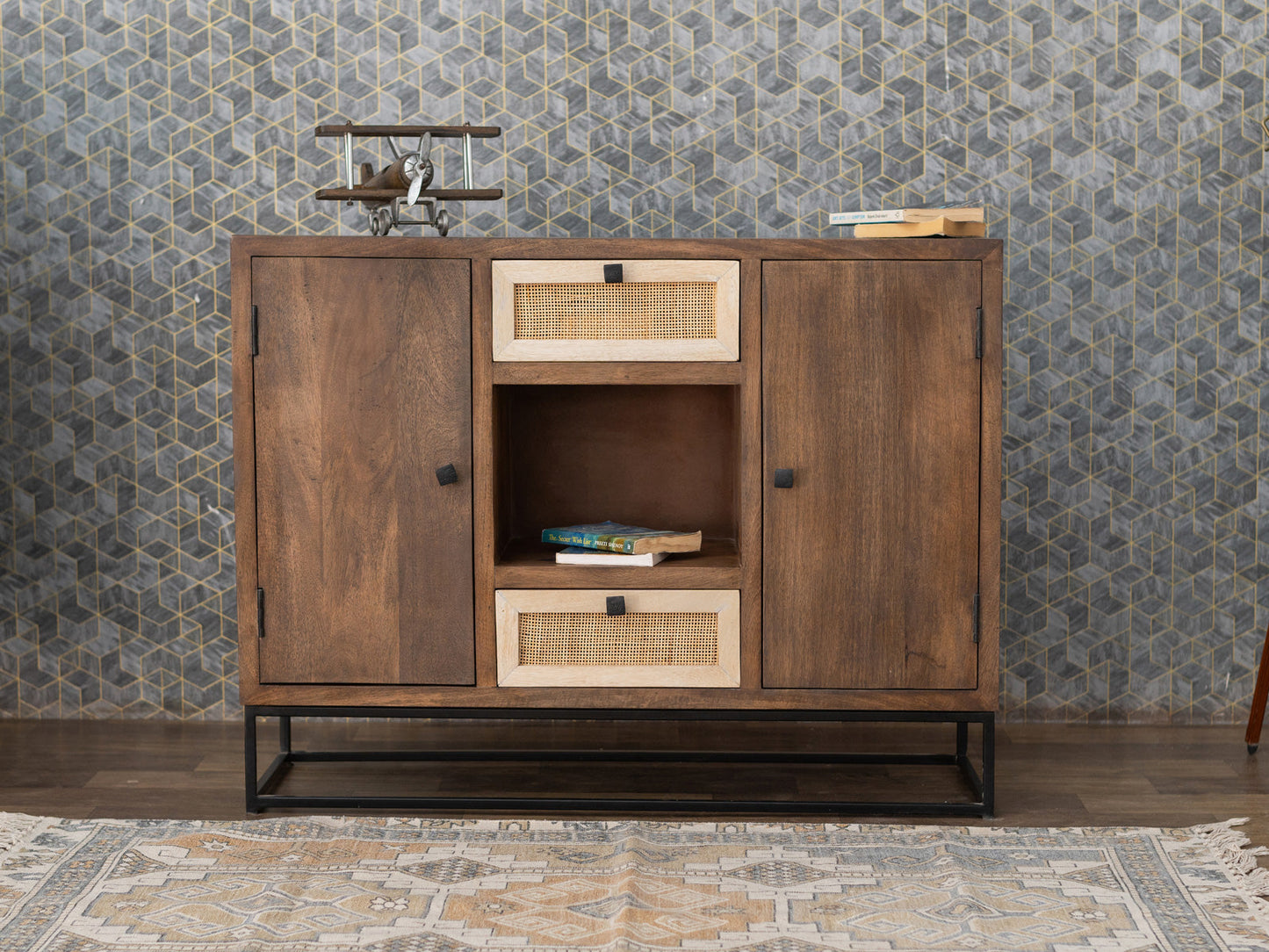 Dudi Furniture Irish Wooden Sideboard Cabinet With Cane Work