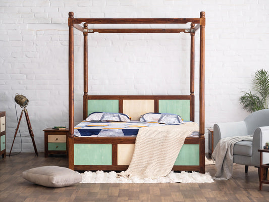 Dudi Furniture Florida Vintage Solid Sheesham Wood Four Poster Bed