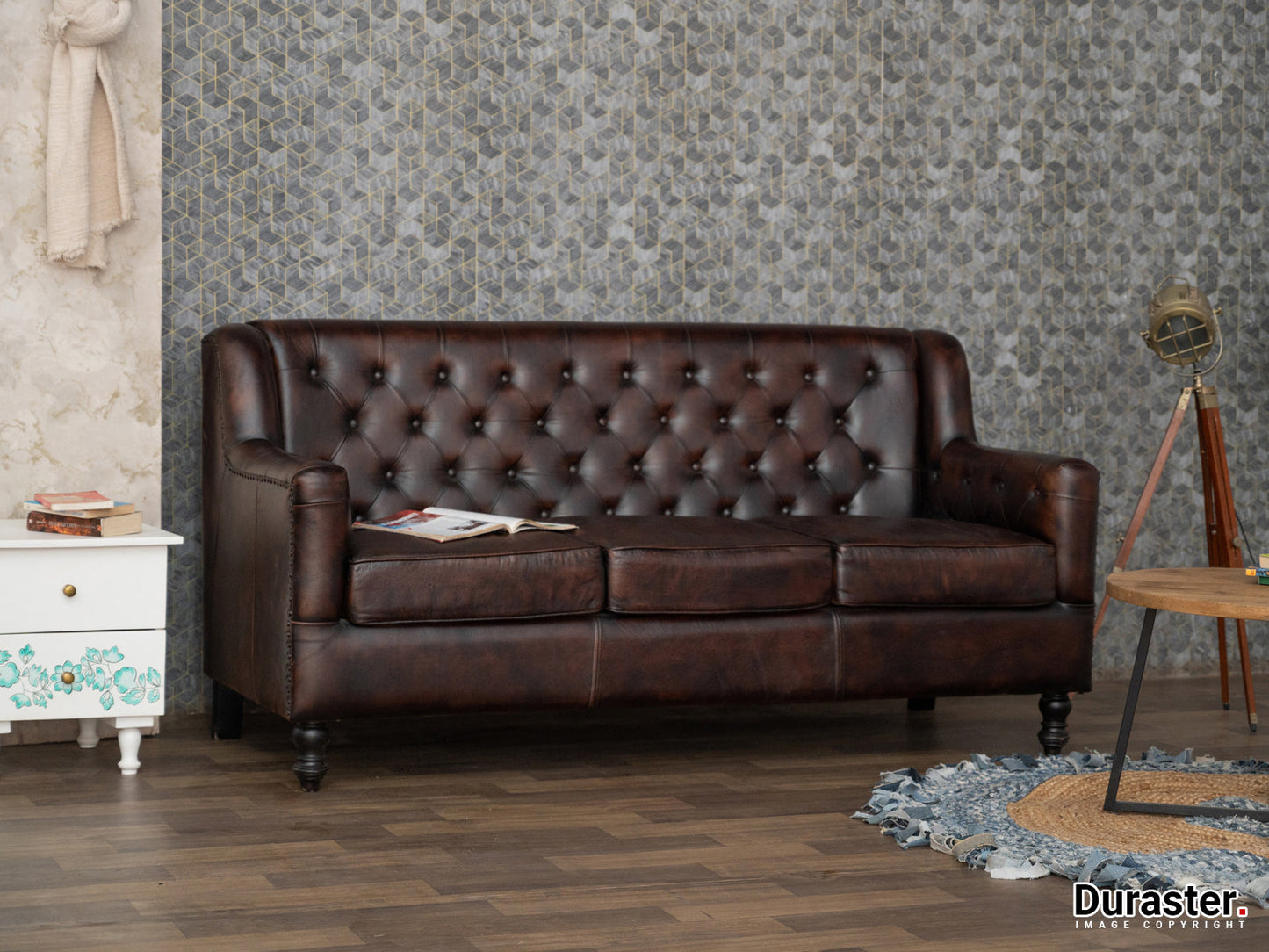 Dudi Furniture Chesterfield Colonial Brown Three Seater Sofas
