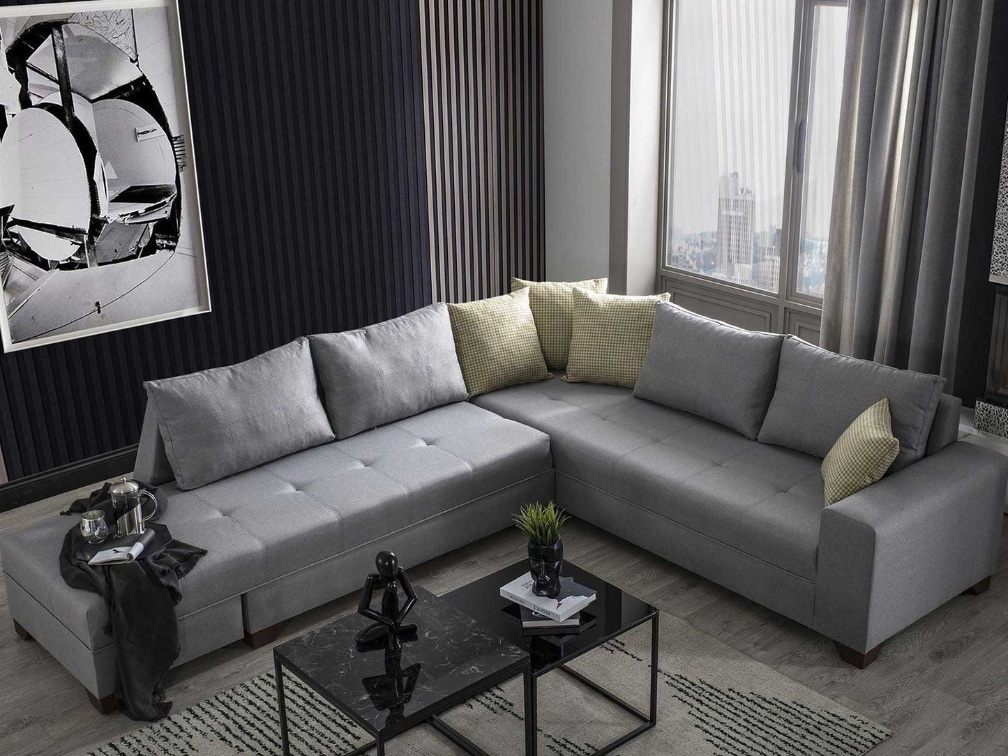 Dudi Furniture Diana Corner Fabric Sofa (Silver Grey)