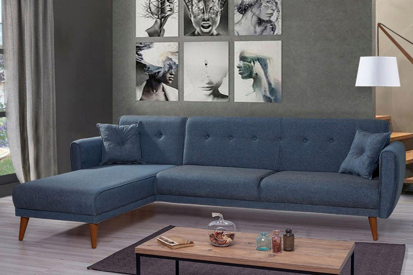 Dudi Furniture Diana Sectional Fabric Sofa Navy Blue
