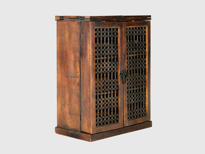 Dudi Furniture Vismit Solid Mango wood Wine Cabinet with metal doors