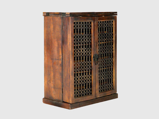 Dudi Furniture Vismit Solid Mango wood Wine Cabinet with metal doors