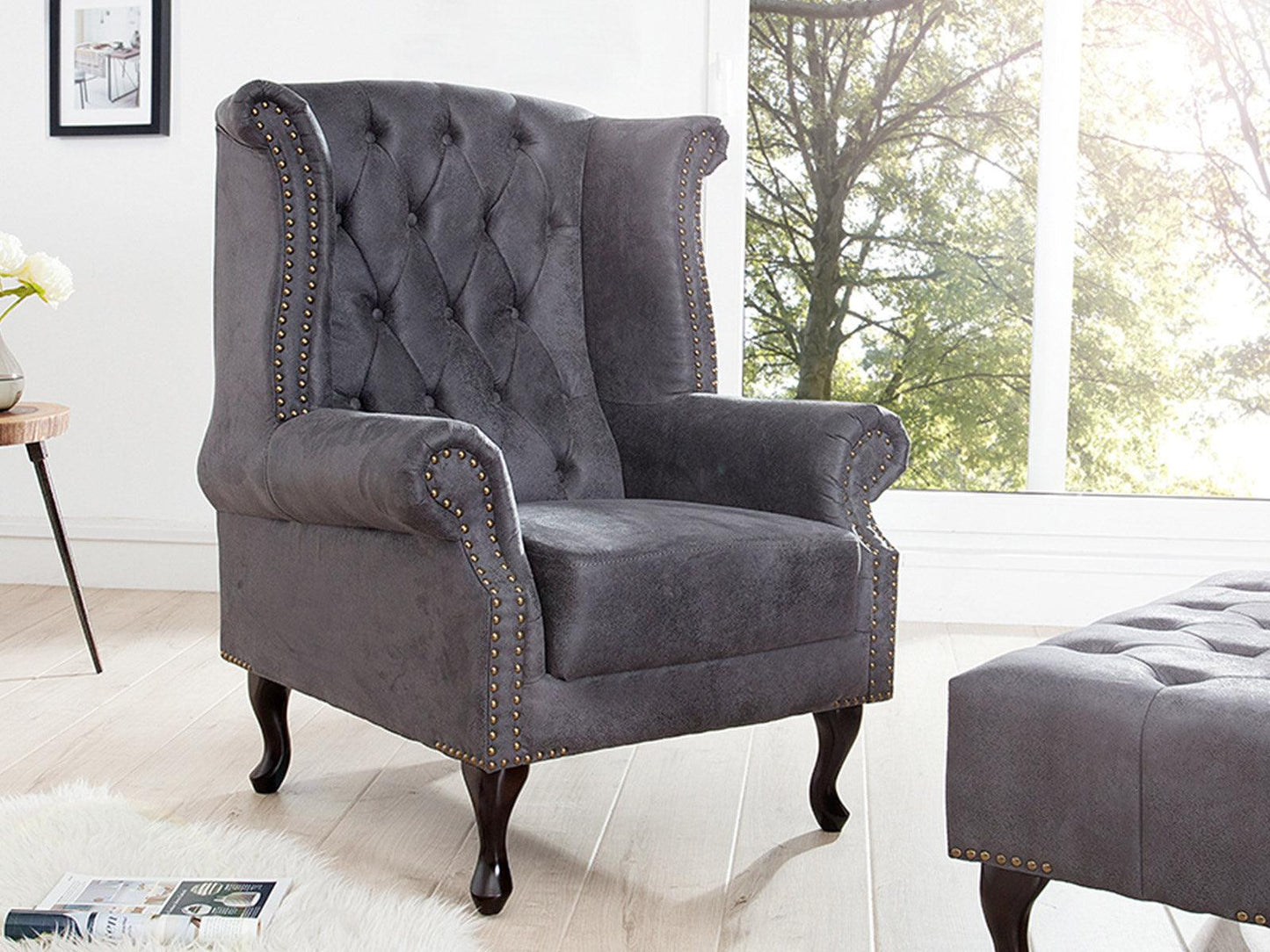 Dudi Furniture Chesterfield Colonial Antique Gray Wing Chair