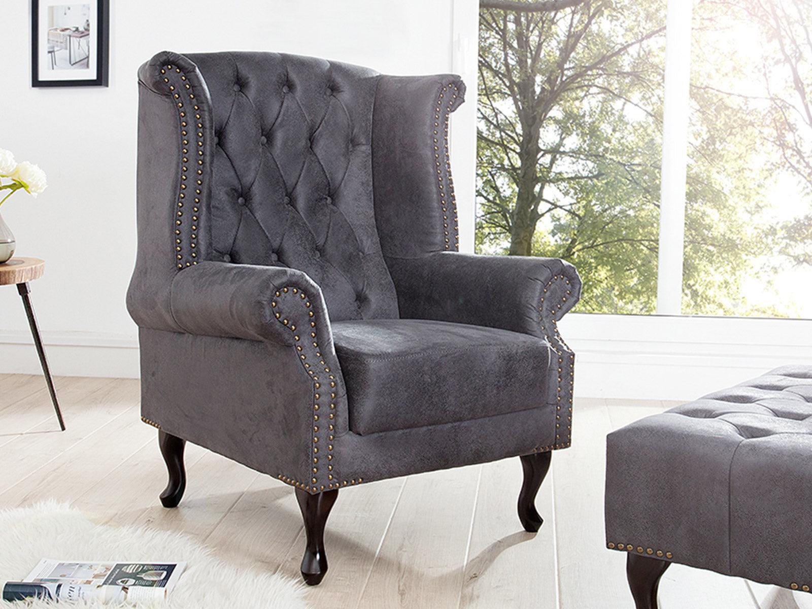 Dudi Furniture Chesterfield Colonial Antique Gray Wing Chair