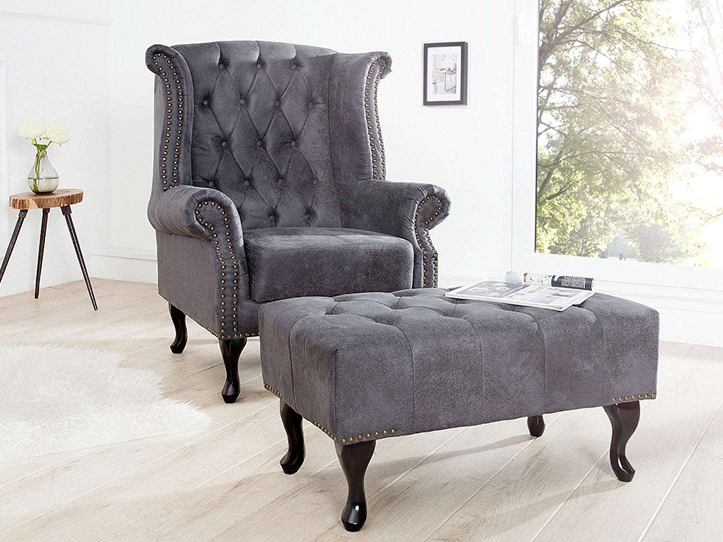 Dudi Furniture Chesterfield Colonial Antique Gray Wing Chair