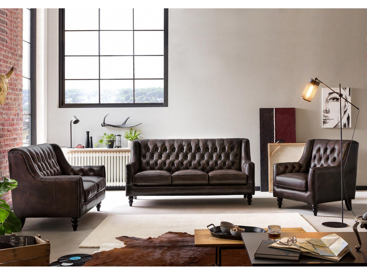 Dudi Furniture Chesterfield Colonial Brown Three Seater Sofas