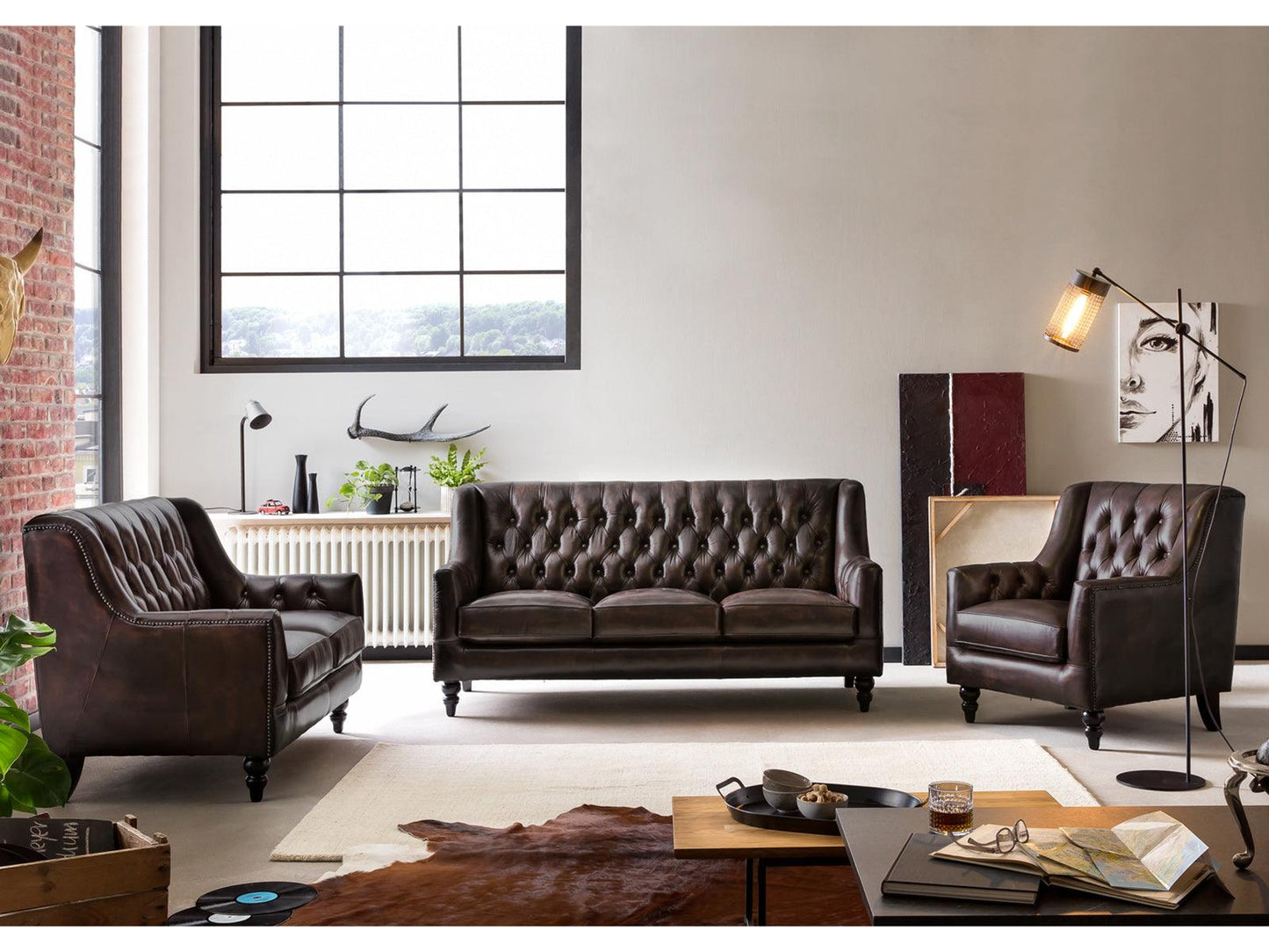 Dudi Furniture Chesterfield Colonial Brown Set of Three Sofas